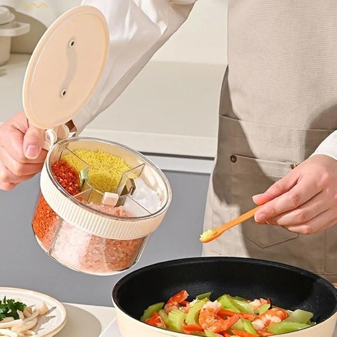 4-in-1 Spice Storage Box, Multi-Compartment Seasoning Container Organiser, Airtight Sealed Salt Pepper Dispenser for Home Cooking - CL-BR-5572