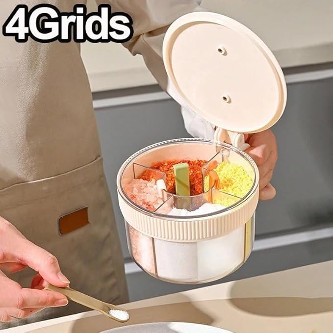 4-in-1 Spice Storage Box, Multi-Compartment Seasoning Container Organiser, Airtight Sealed Salt Pepper Dispenser for Home Cooking - CL-BR-5572